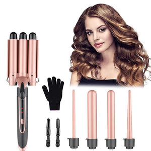 Wand Curling Set - 5-in-1 Hot Tools with 3 Barrel Hair Crimper, Portable Gold Curling Iron