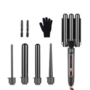 Wand Curling Set - 5-in-1 Hot Tools with 3 Barrel Hair Crimper, Portable Gold Curling Iron