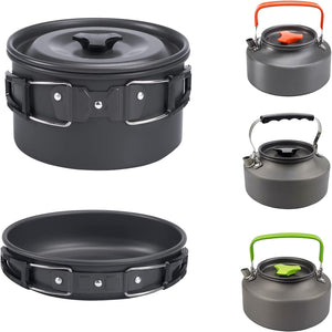 Outdoor Cookware Set Camping Cooker Set Camping Equipment Mountaineering Aluminum Cooker BBQ Tableware Camping Pot Set Suitable for 2~3 People - Green