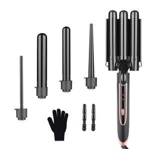 Wand Curling Set - 5-in-1 Hot Tools with 3 Barrel Hair Crimper, Portable Gold Curling Iron