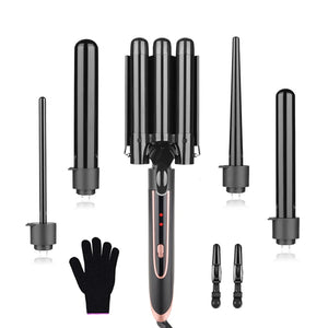 Wand Curling Set - 5-in-1 Hot Tools with 3 Barrel Hair Crimper, Portable Gold Curling Iron