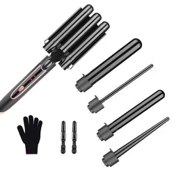 Wand Curling Set - 5-in-1 Hot Tools with 3 Barrel Hair Crimper, Portable Gold Curling Iron