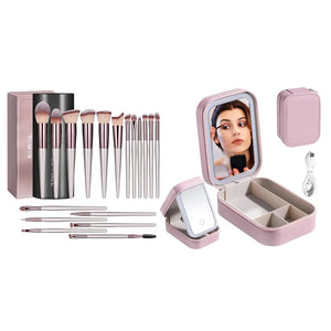 BS-MALL Pinceaux de maquillage avec étui - Miroir LED portable et kit de rangement pour bijoux Kit de maquillage de voyage 