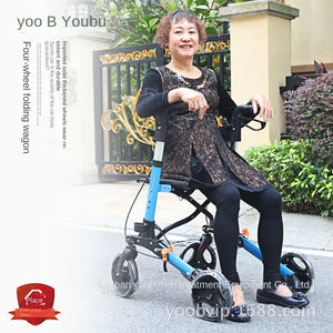 Youbu Elderly Shopping Cart, the Elderly Can Sit on a Trolley, Aluminum Alloy Folding Rollator, Four-Wheel Scooter, Wheelchair
