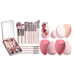 Kit d'outils de maquillage tout-en-un BS-MALL - 7 pinceaux et éponges sans latex avec étui miroir LED 