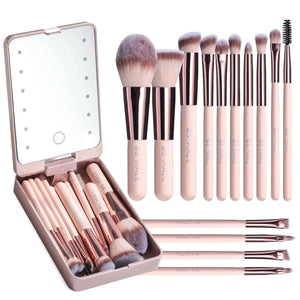 Ensemble de pinceaux de maquillage de voyage BS-MALL 14 pièces - Miroir LED portable et pinceaux cosmétiques avec marque privée 