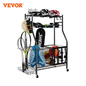 VEVOR Sports Equipment Garage Organizer Rolling Sports Ball Storage Cart on Wheels Basketball Rack with Hooks Indoor Outdoor