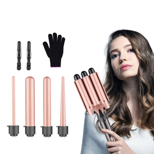 Wand Curling Set - 5-in-1 Hot Tools with 3 Barrel Hair Crimper, Portable Gold Curling Iron