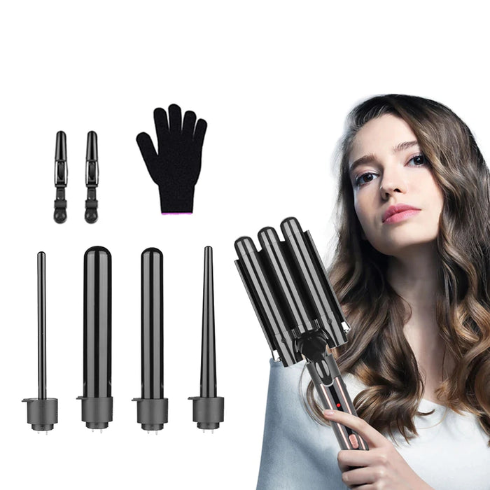 Ensemble de fer à friser à baguette - Outils chauffants 5 en 1 avec sertisseuse à cheveux à 3 barils, fer à friser doré portable 