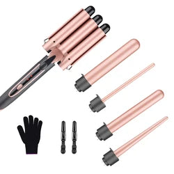 Wand Curling Set - 5-in-1 Hot Tools with 3 Barrel Hair Crimper, Portable Gold Curling Iron